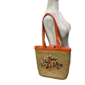 White Stag Tote Bag Tan Wheat Straw Orange Trim Embroider Flowers Pockets Medium